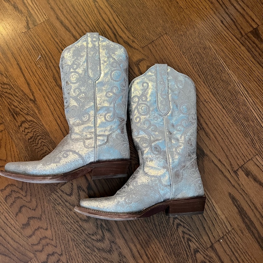 LIKE NEW, worn one time J.B. Dillon Reserve cowgirl boots, silver metallic